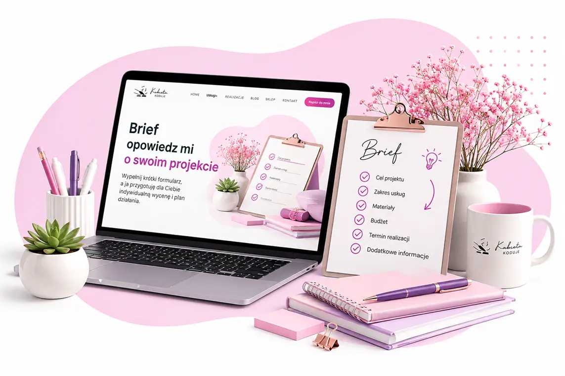 Brief projektowy Kobieta Koduje przedstawiony na laptopie i tablecie