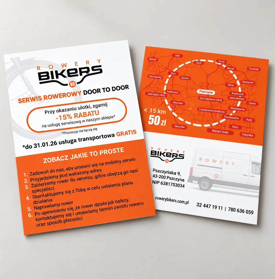 Projekt ulotki serwisu rowerowego Bikers — projekt graficzny