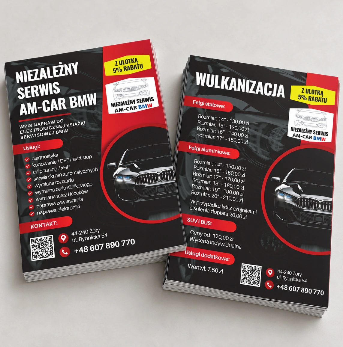 Wydruk materiałów reklamowych dla AM-Car — realizacja reklamy tradycyjnej