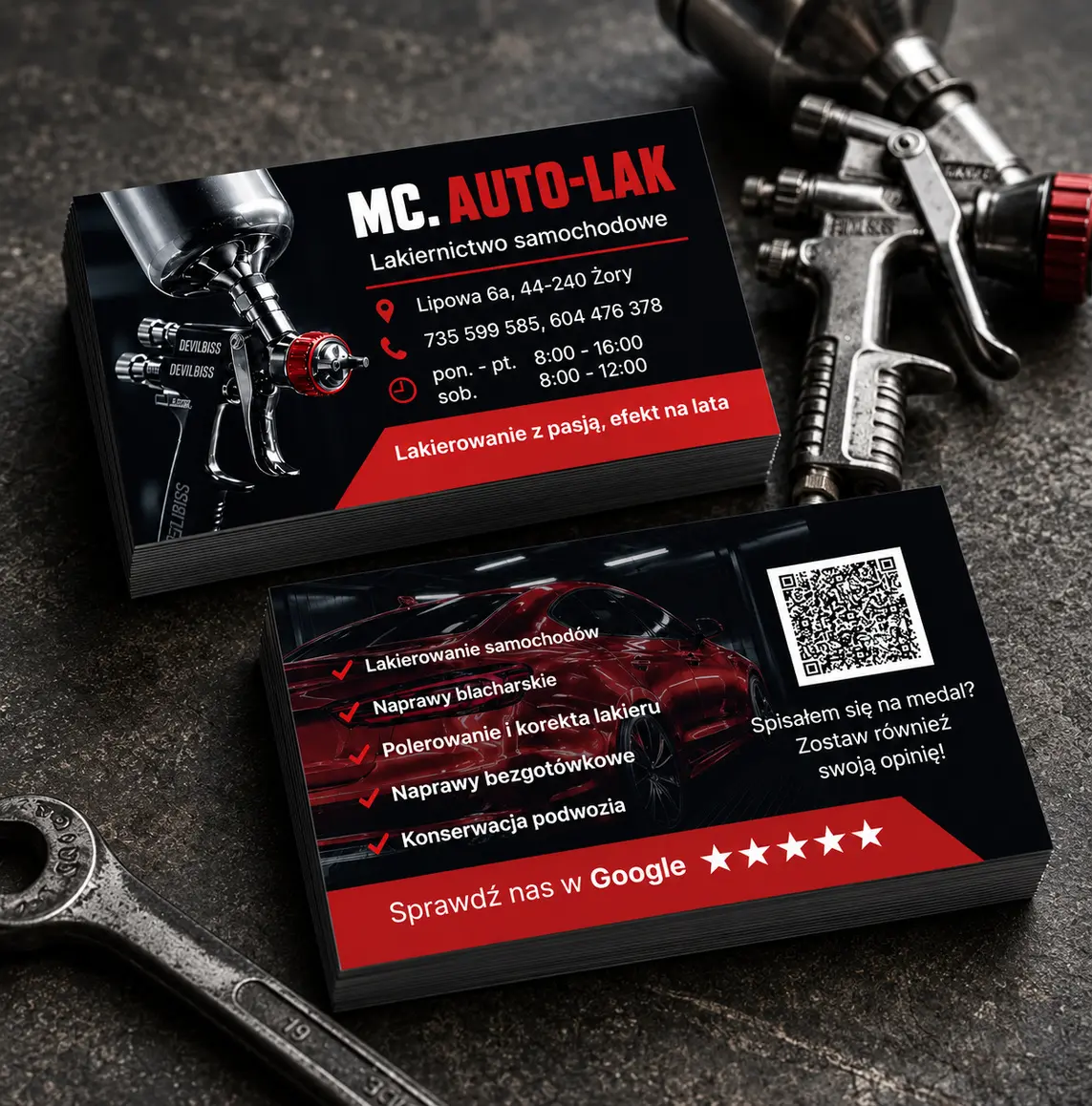 Wydruk wizytówek dla MC Auto-Lak — realizacja reklamy tradycyjnej