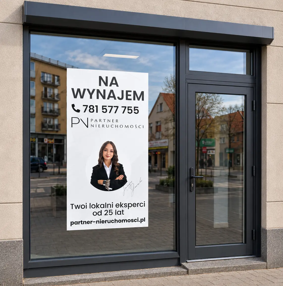 Baner okienny dla pośrednika nieruchomości — realizacja reklamy tradycyjnej