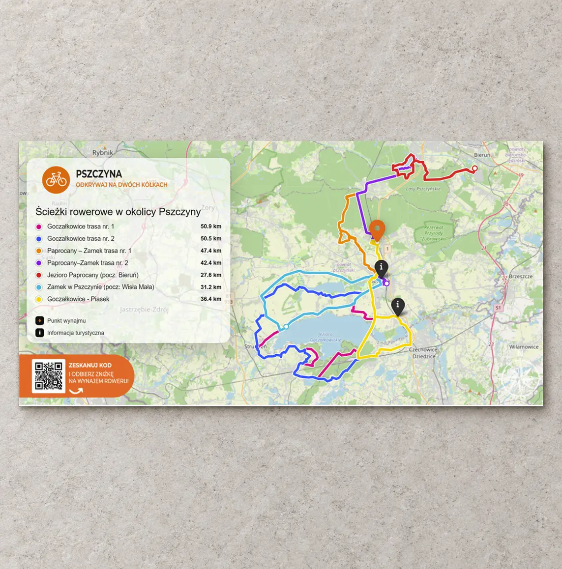 Mapa tras rowerowych w okolicy Pszczyny — realizacja reklamy tradycyjnej